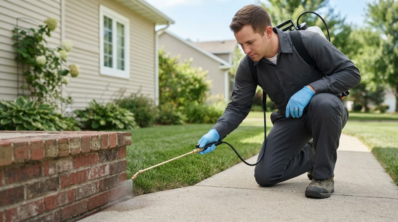 Pest control technician treating a home near Sunburg, MN