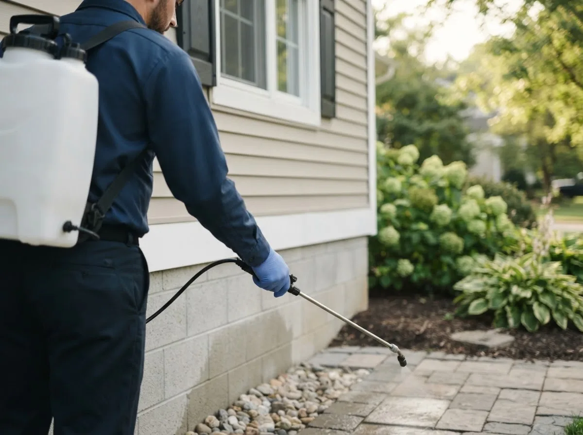 Pest control technician inspecting a home in Sunburg, MN